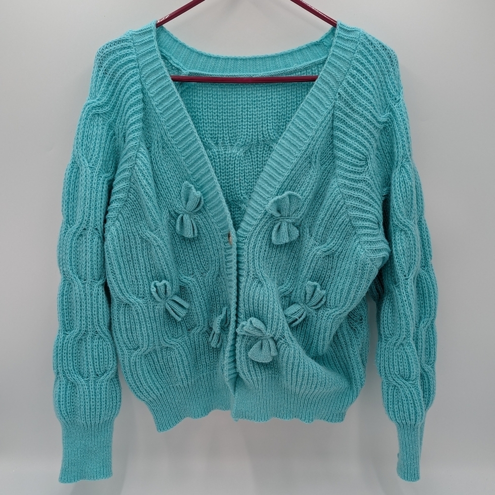 Blue Cable Knit Cardigan Bow Accents V-Neck Preppy Coquette Sweater XL